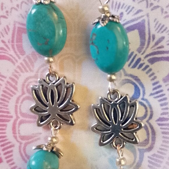 LOTUS MEDITATION EARRINGS, TURQUOISE MAGNESITE, SILVERY - Picture 2 of 7